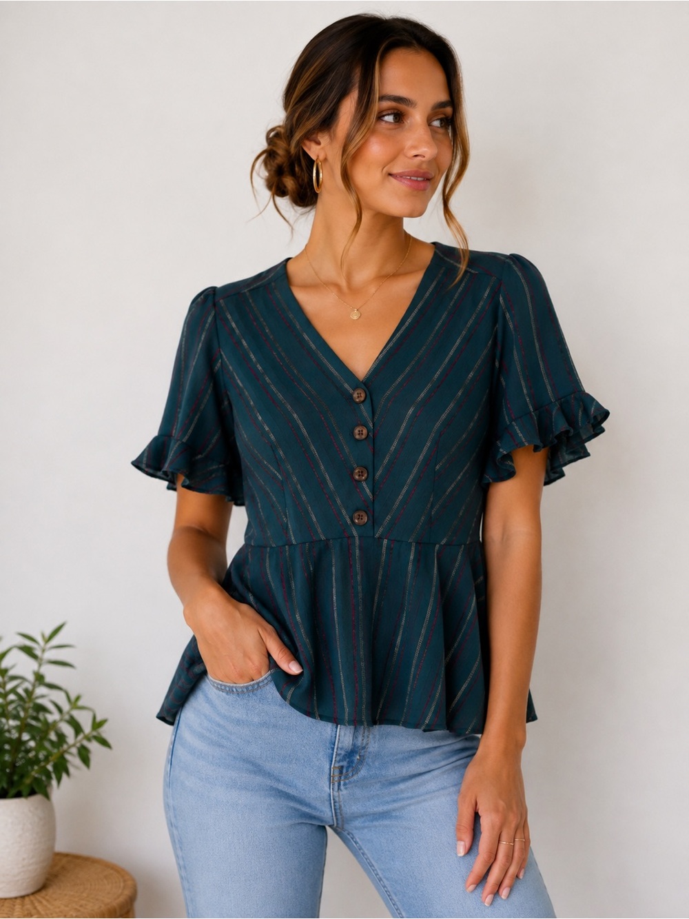 Monteau Teal Striped V-Neck Peplum Blouse